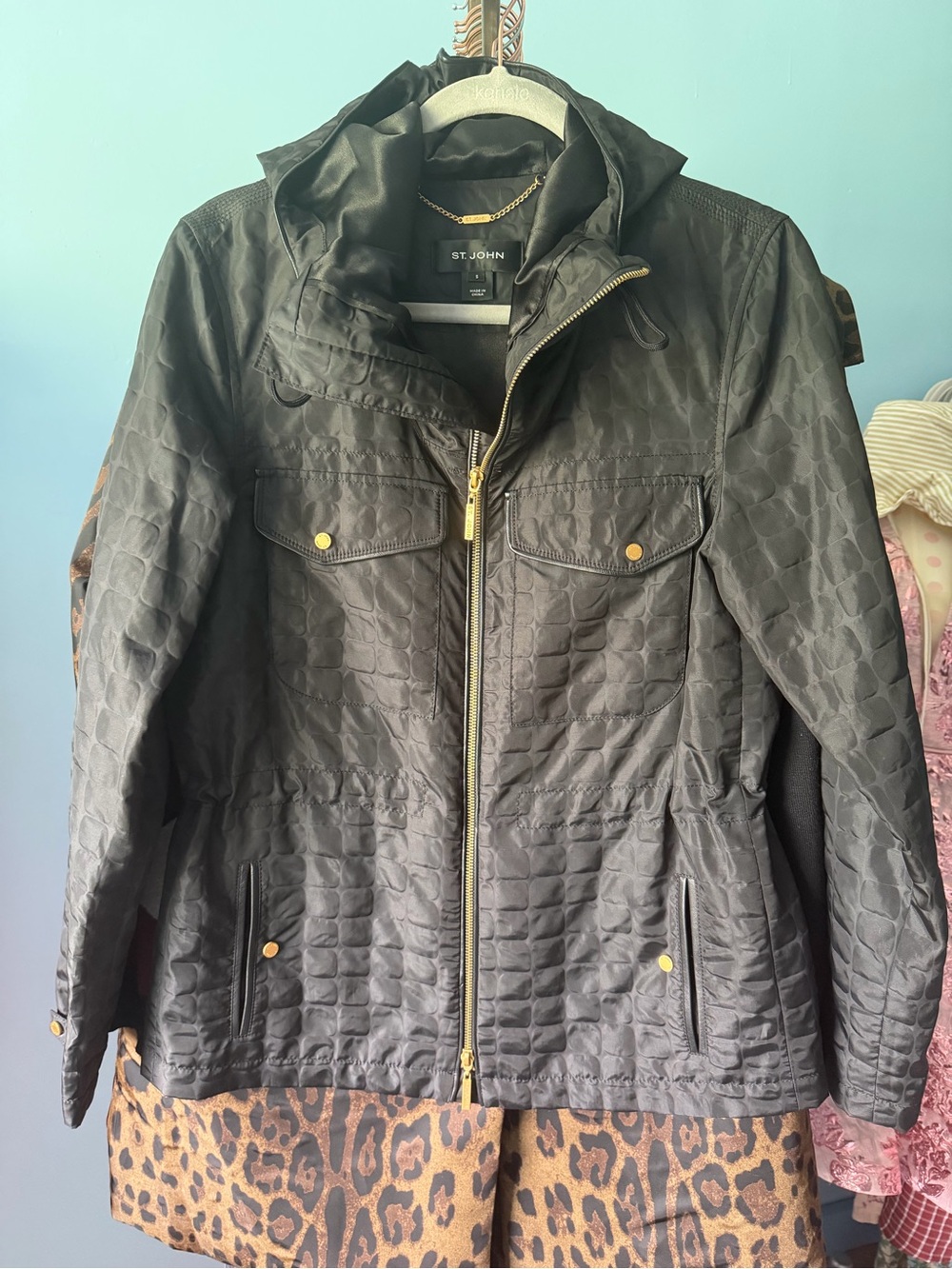 St. John Black Quilted Hooded Jacket Gold trim small